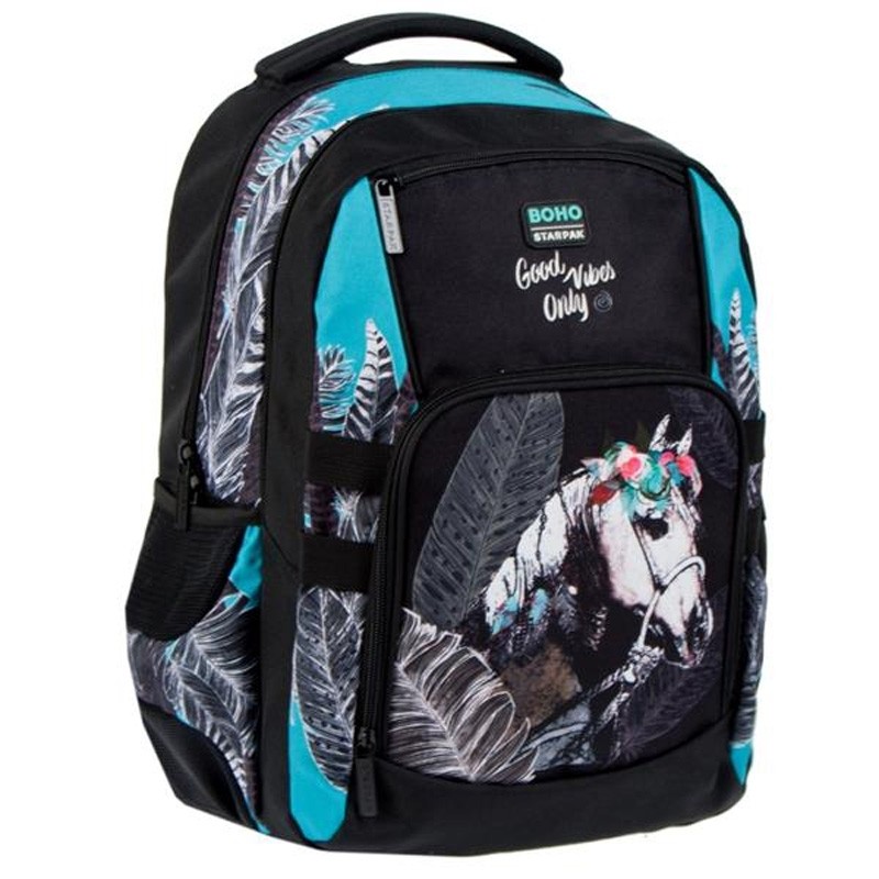 Ghiozdan Boho, imprimeu Good Vibes Only, compartiment laptop, orificiu casti, buzunar organizator - imagine 3